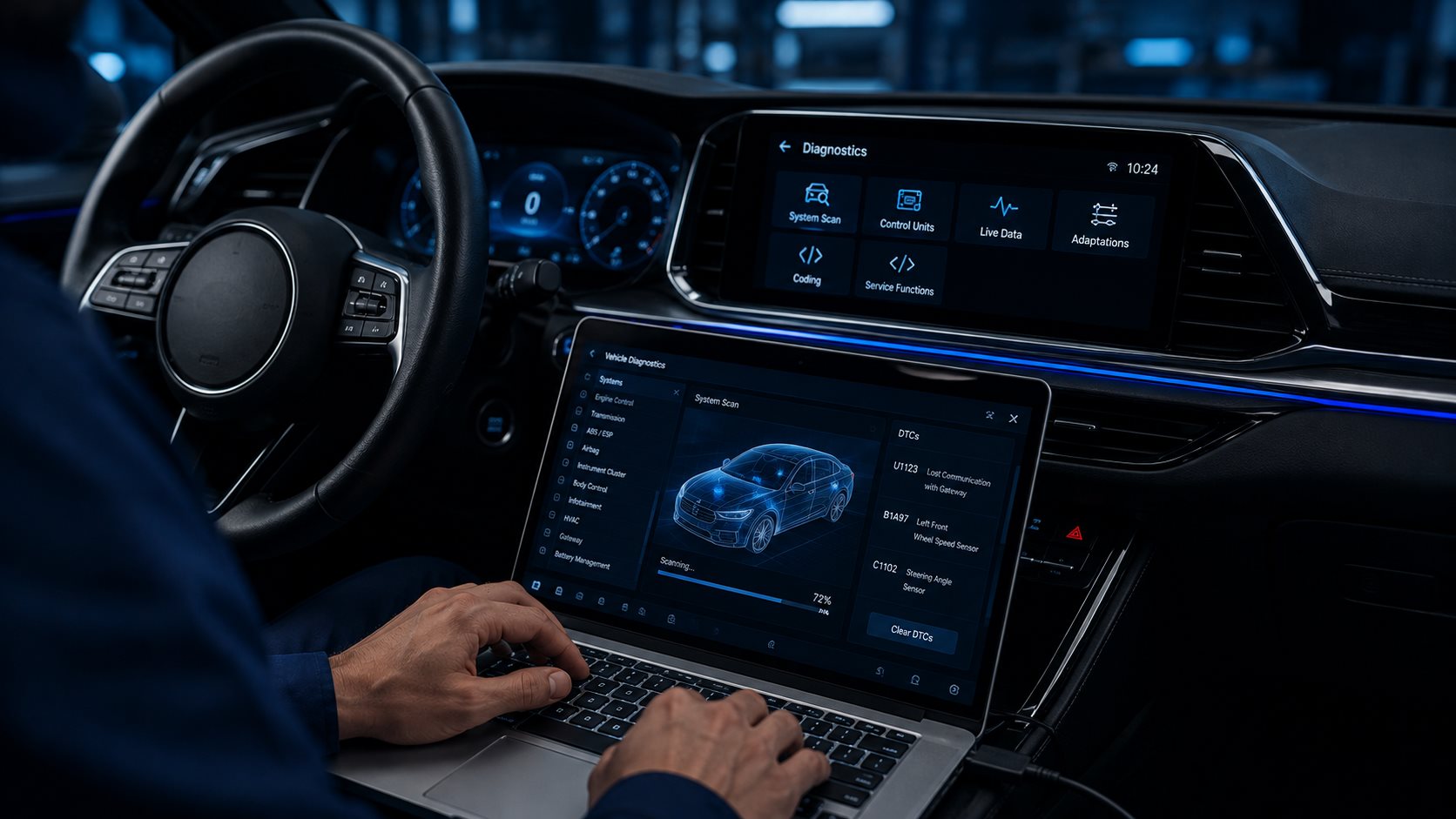 In-car diagnostics dashboard with laptop