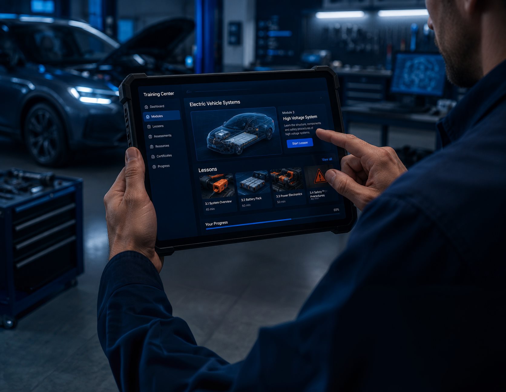 Mechanic using a training app on a tablet
